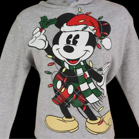Disney Christmas Mickey Mouse Cropped Sweatshirt Hoodie Womens Size XS Gray WDW - Picture 2 of 4